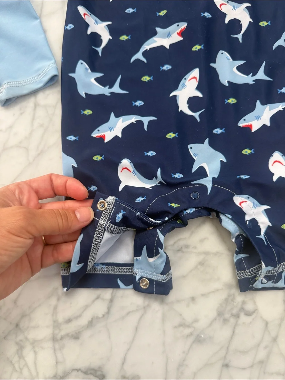 Boys Shark Print Long Sleeve Rash Guard Shortie Swim Romper, Blue Sz 24 Mo